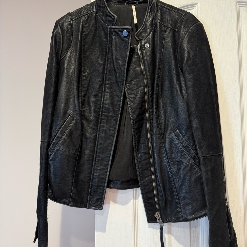 FREE PEOPLE Black Faux Leather - Suede Moto Jacket